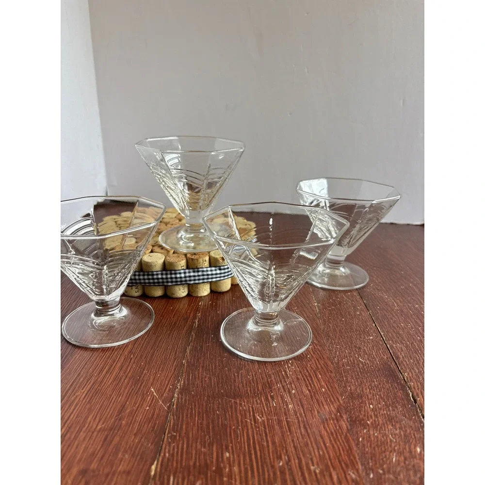Vintage Spiderweb Hexagon Glass Sherbet‎ Dessert Cups Set 4 Clear Footed 3.75in